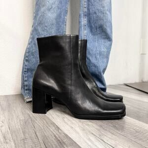 Vintage 90s Square Toe Heeled Boots Black Leather Womens Size 11
